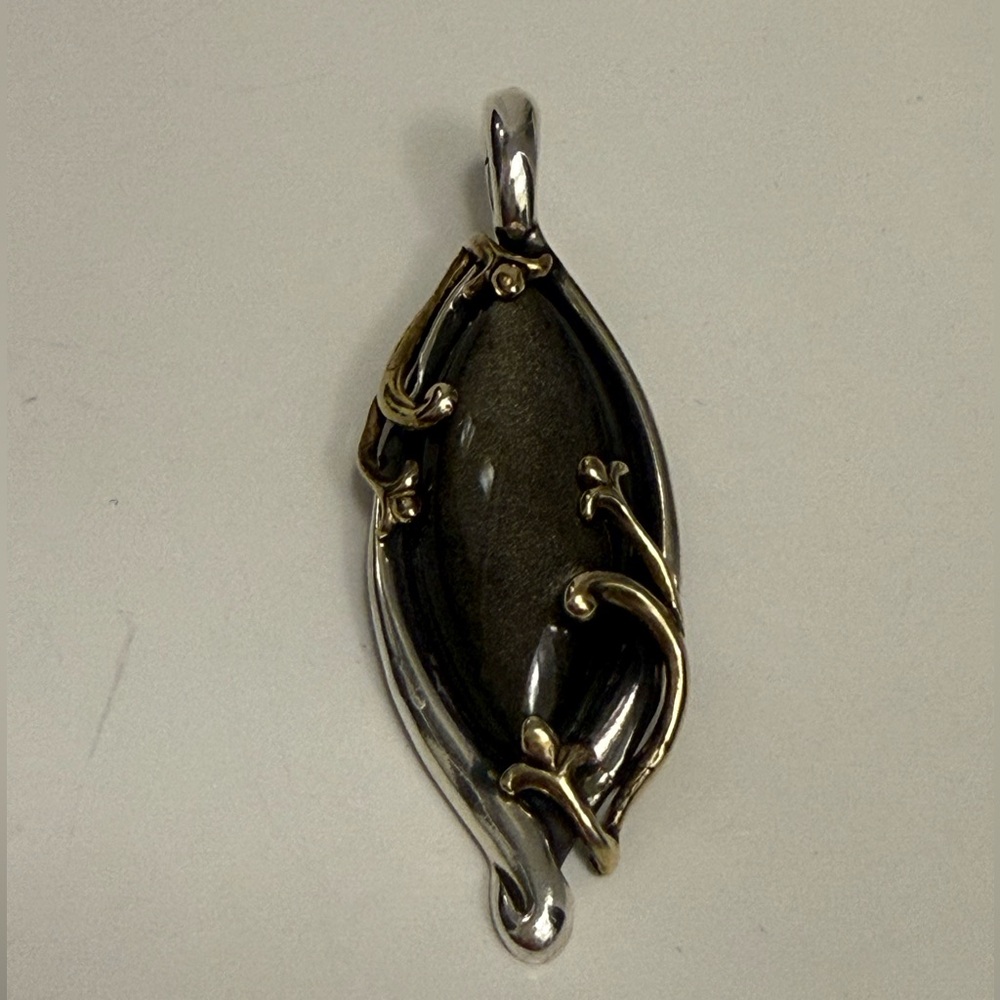 925 Sterling Silver & Brass Artisan Pendant Enhancer – Dark Stone Cabochon 🆕
